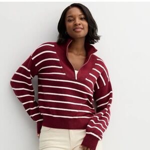 Draper James Burgundy Stripe Quarter Zip Pullover Sweater XL Classic Cozy